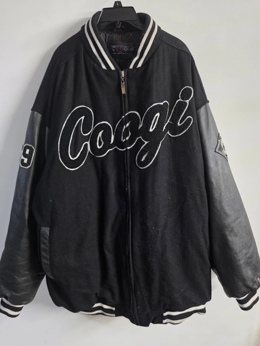 Vintage COOGI Varsity Jacket Mens 5XL Black Leather Wool Spell Out Y2K Hip Hop